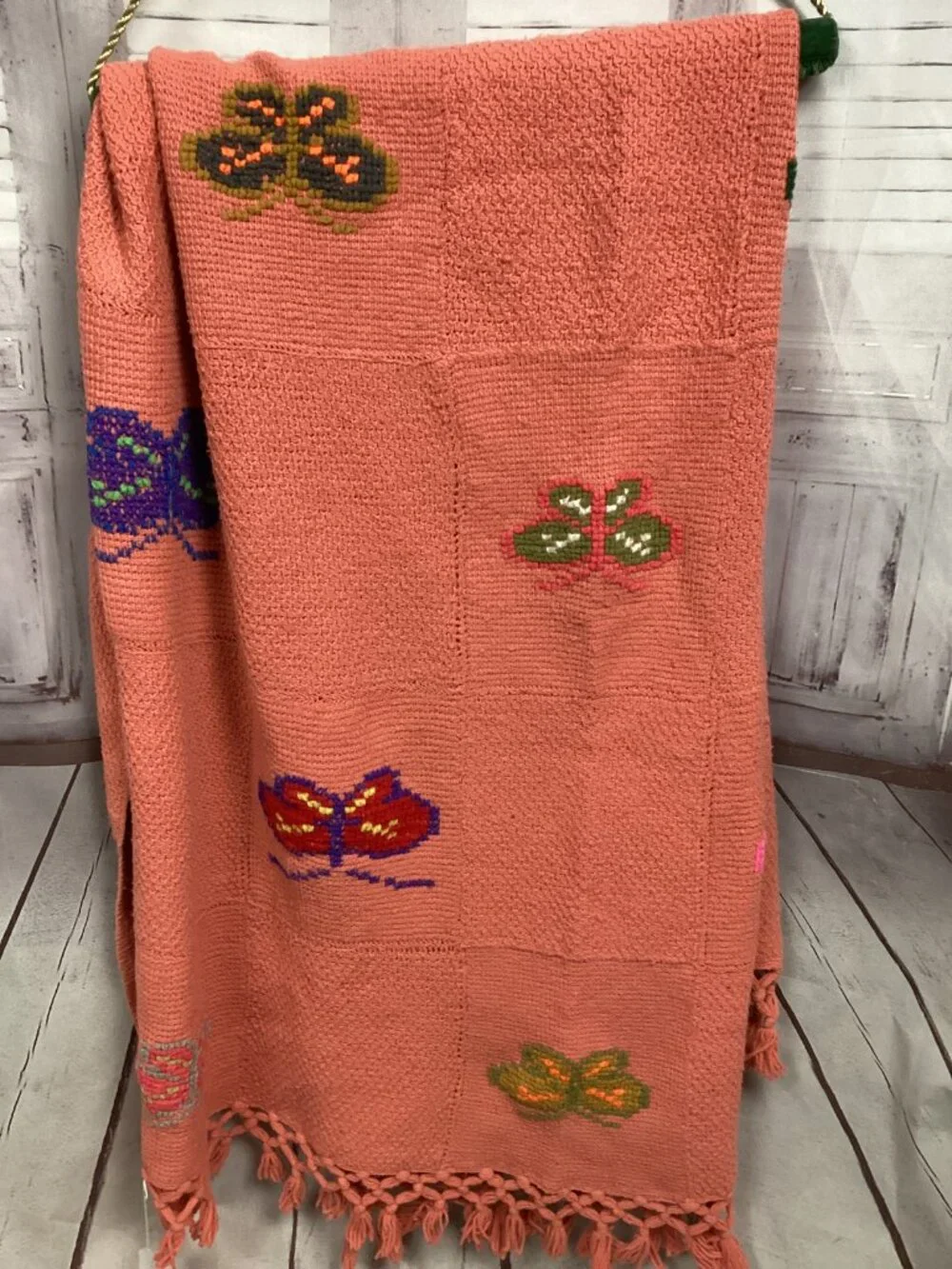 Hand Crochet Blanket Butterflies Salmon Orange Color 60x90